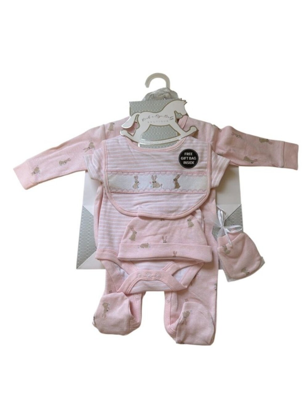 Rock A Bye Baby Boutique Pink Bunny Gift Set With Bag 4-Piece Outfit -0/3 M